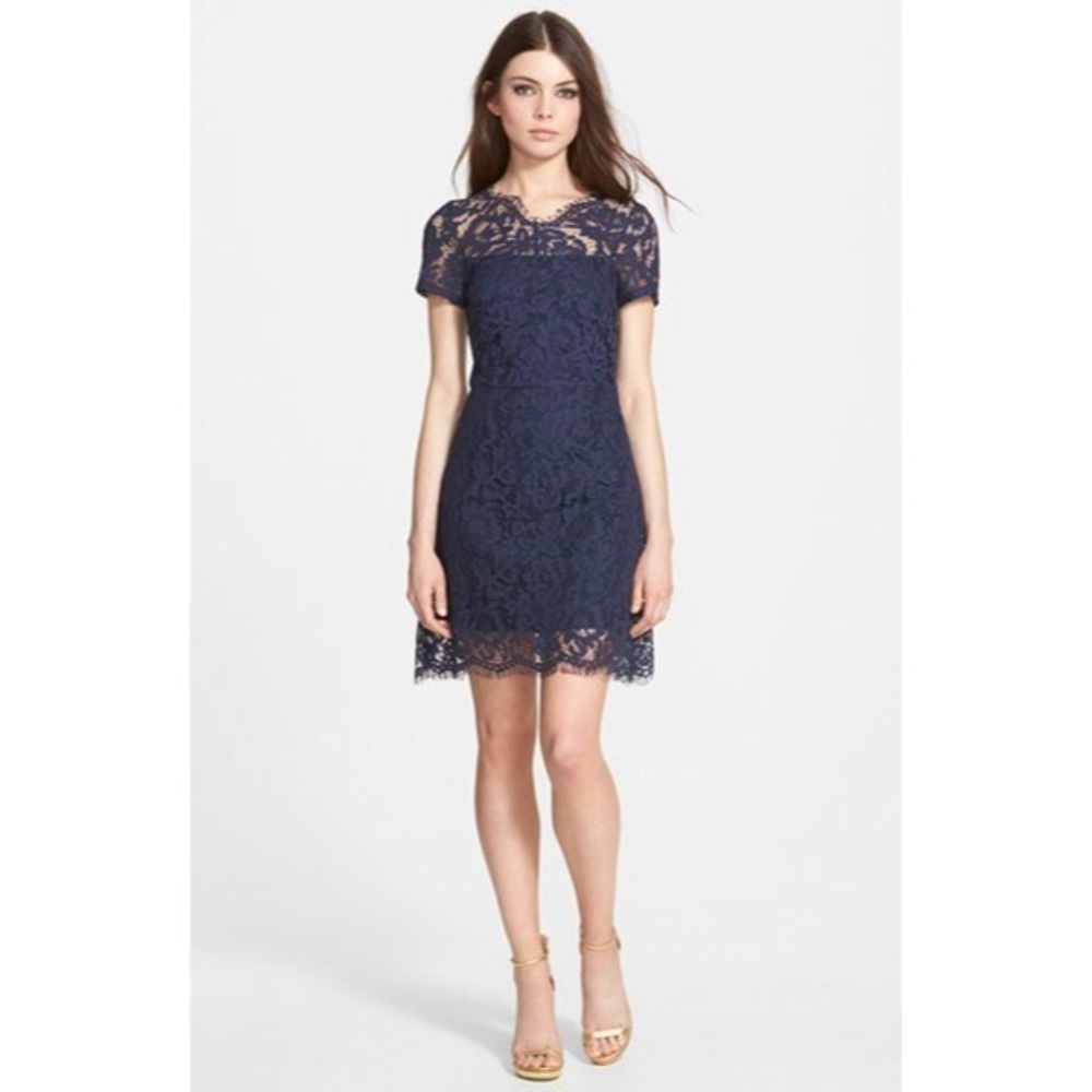 Lucy Paris Lisbon Lace Sheath Dress, Navy, Size Small.